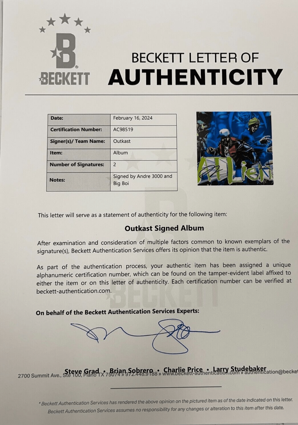 Outkast Signed Vinyl Record Beckett COA - Item #2 - View 6