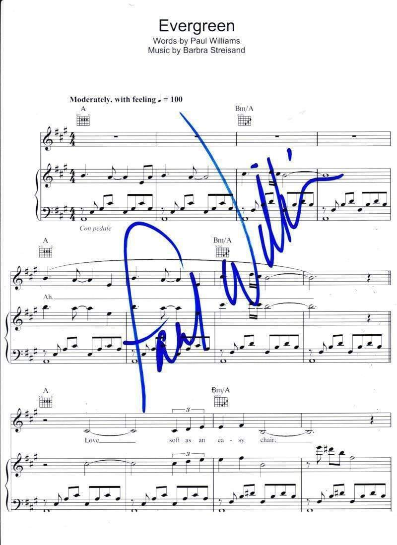 Paul Williams Authentic Autographed "Evergreen" Sheet Music - Prime Time Signatures - Music