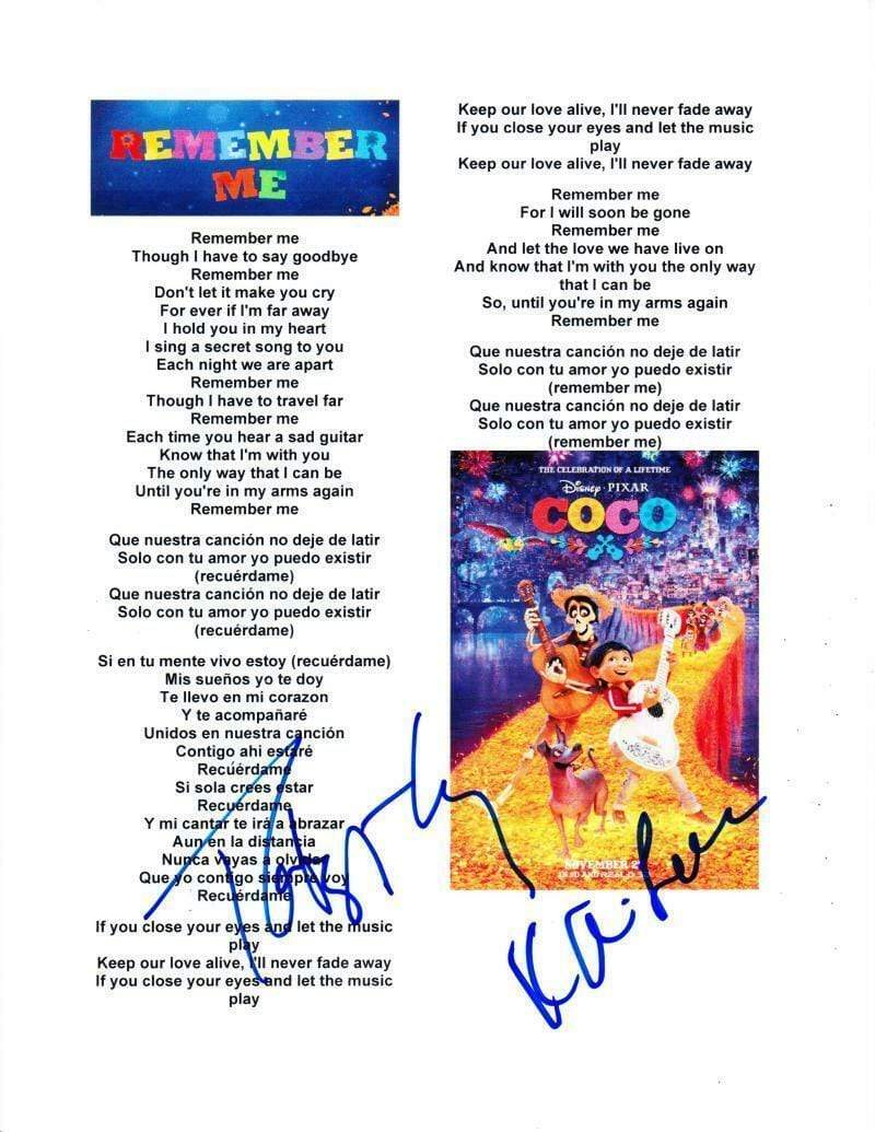 Robert Lopez, Kristen Anderson-Lopez Authentic Autographed Coco 'Remember Me' Lyric Sheet - Prime Time Signatures - TV & Film
