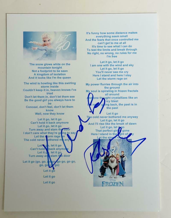 Robert Lopez, Kristen Anderson-Lopez Authentic Autographed Frozen 'Let It Go' Lyric Sheet - Prime Time Signatures - TV & Film