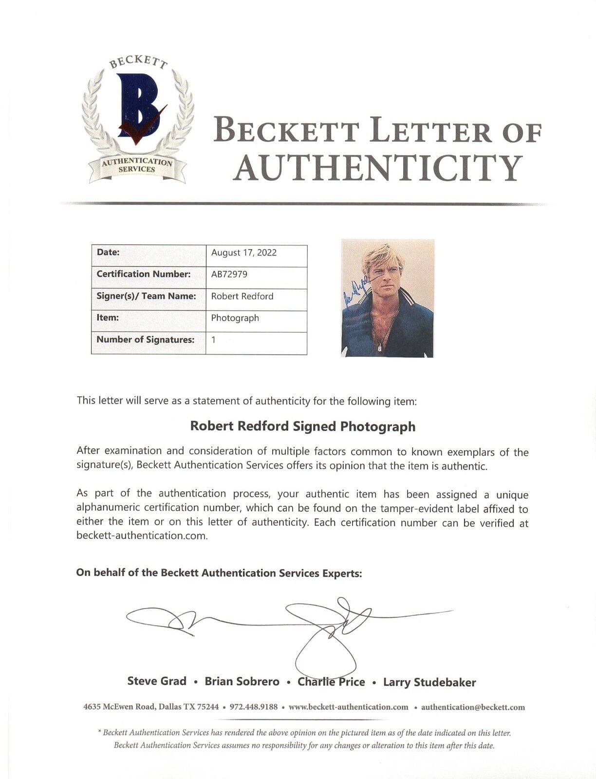 Robert Redford Signed 8x10 Photo Beckett COA - Detail View