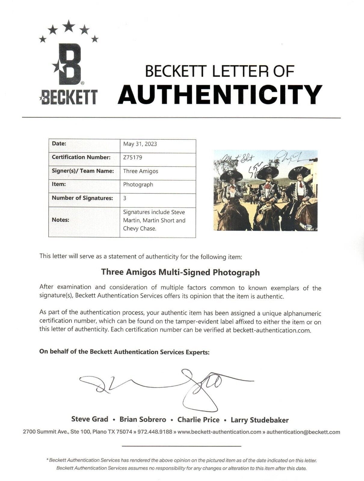 Chevy Chase Signed 11x14 Photo from Three Amigos Beckett COA - Item #2 - Detail View