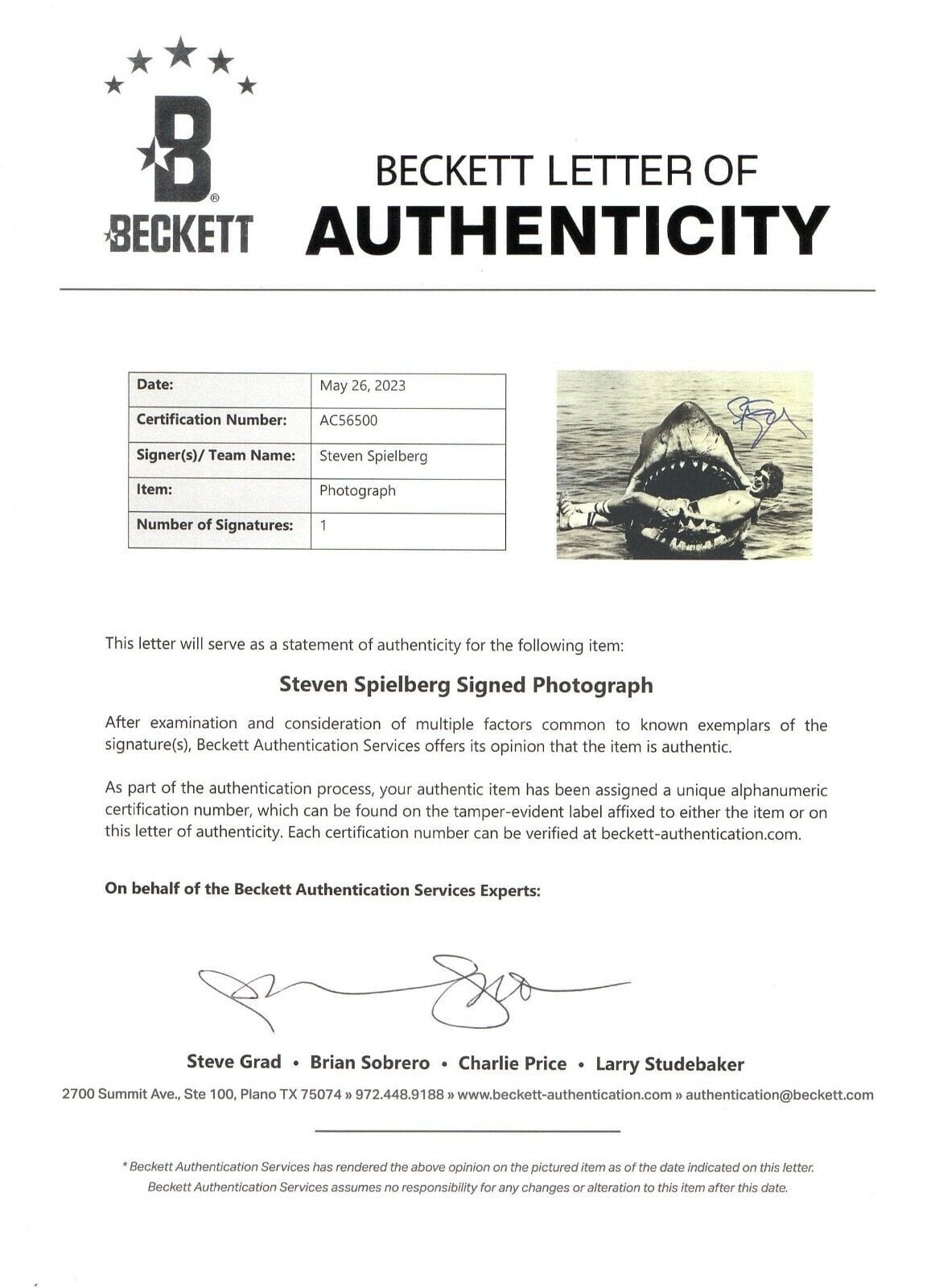Steven Spielberg Signed 11x14 Photo from Jaws Beckett COA - Item #1 - Detail View