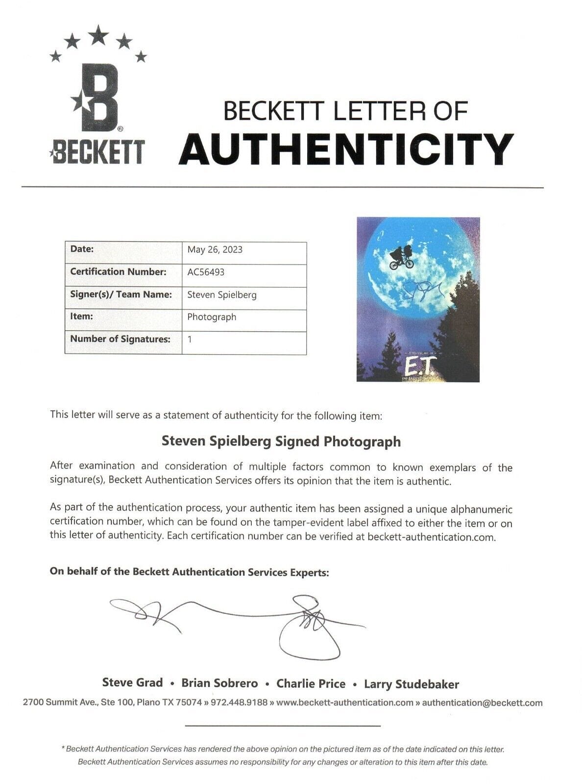 Steven Spielberg Signed 11x14 Photo from E.T. Beckett COA - Alternate Angle