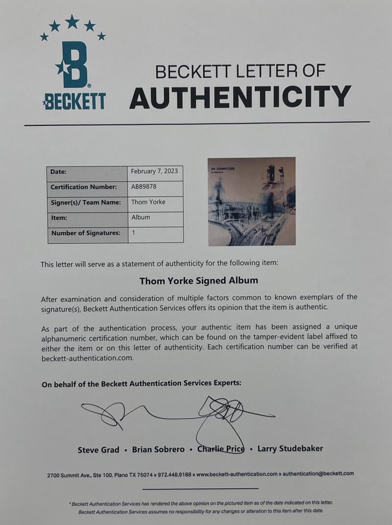 Thom Yorke of Radiohead Signed Vinyl Record Beckett COA - Item #3 - View 4