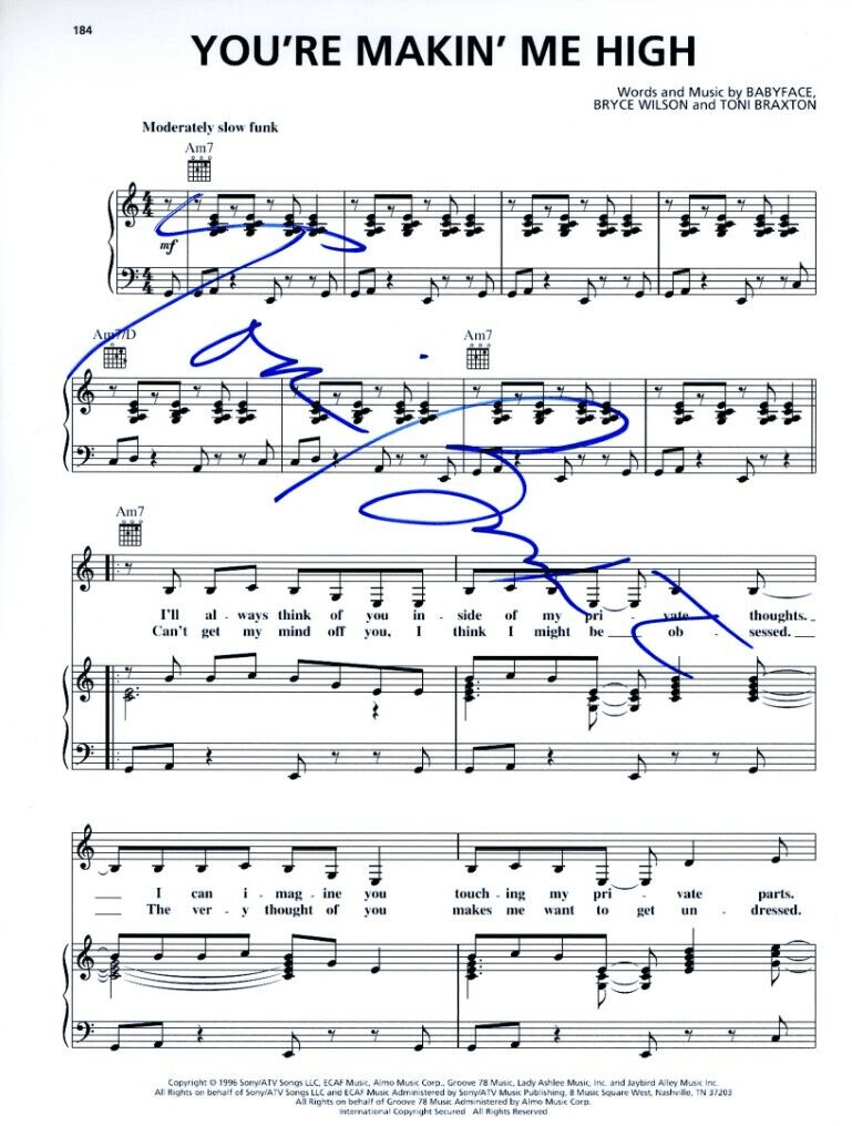 Toni Braxton Signed You're Makin' Me High Lyrics & Sheet Music Certified Authentic