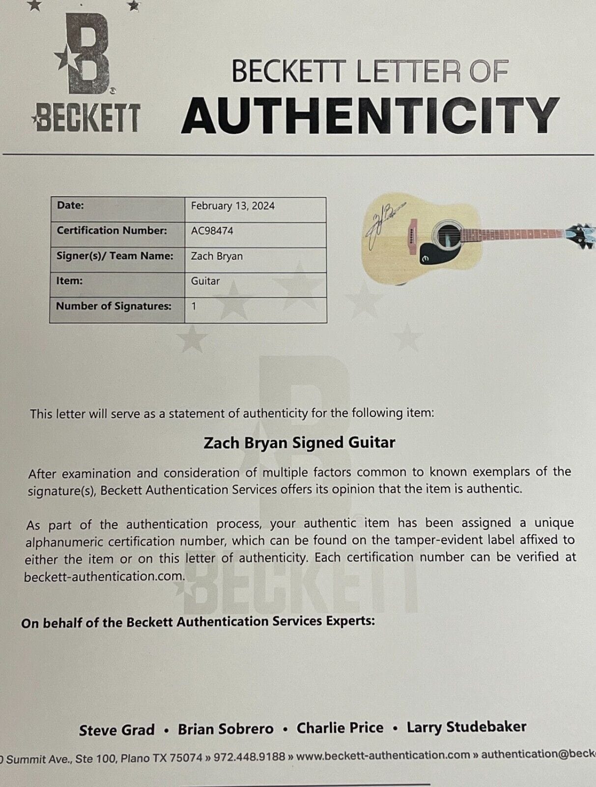 Zach Bryan Autographed Full Size Acoustic Guitar
